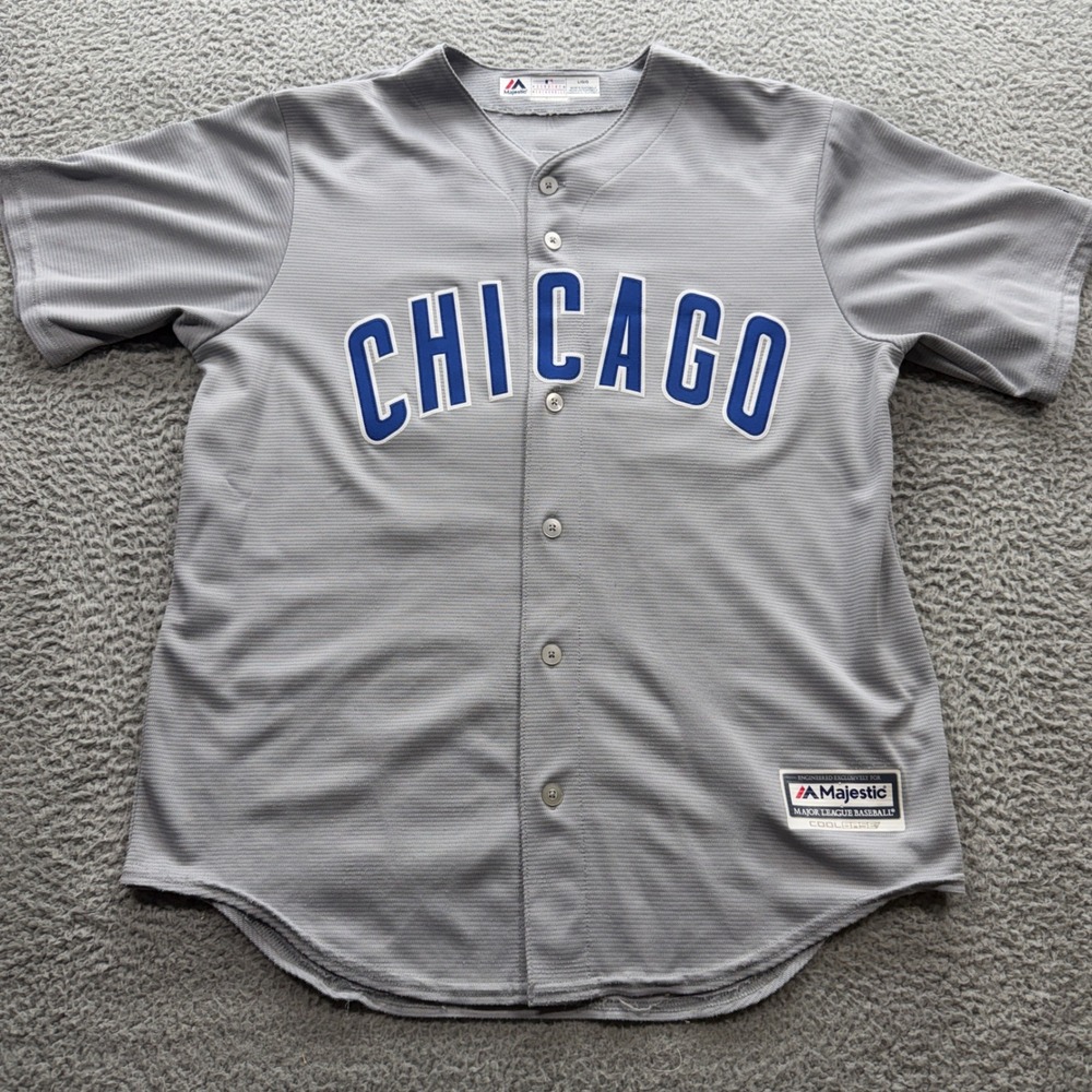 Majestic Chicago Cubs Jersey Mens L Gray Rizzo 44 Cool Base MLB Road Baseball